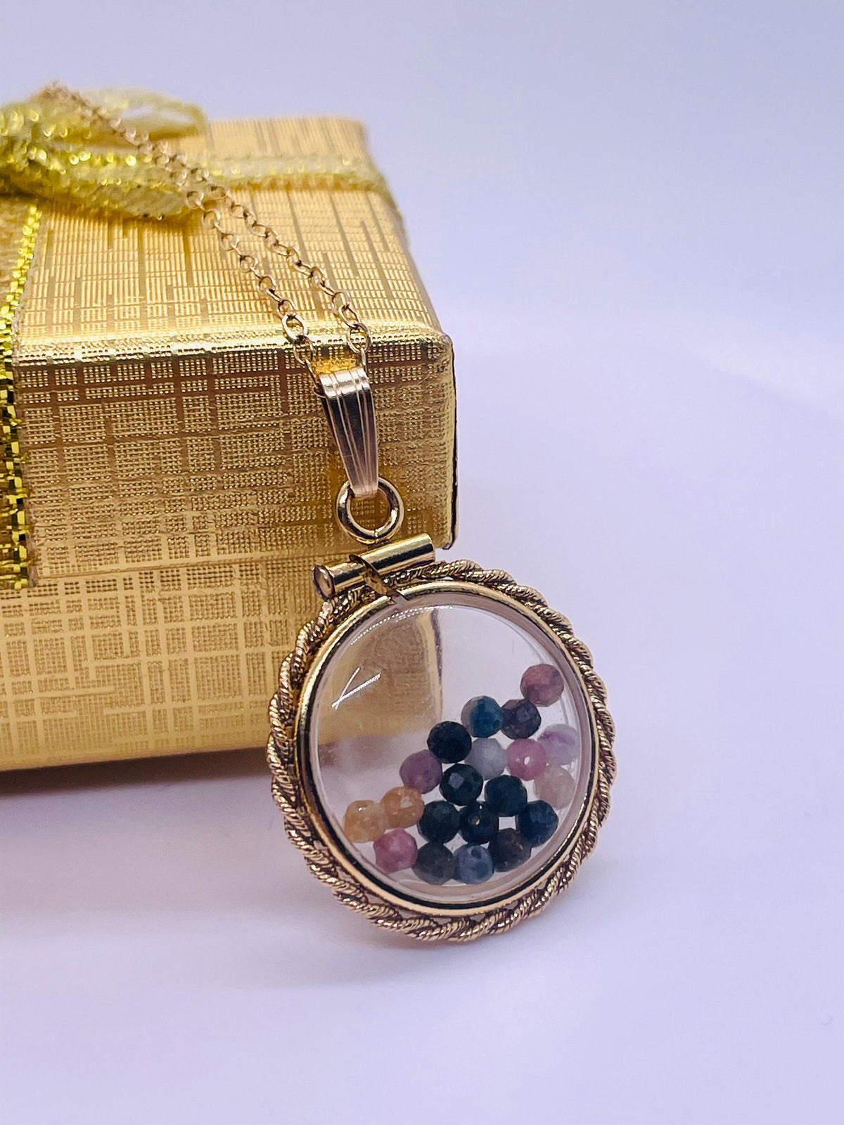 Hand made 21 mm nickel size 14k gold filled lucite genuine multi tourmaline shaker locket with rope edge and  beautiful bead crystals.