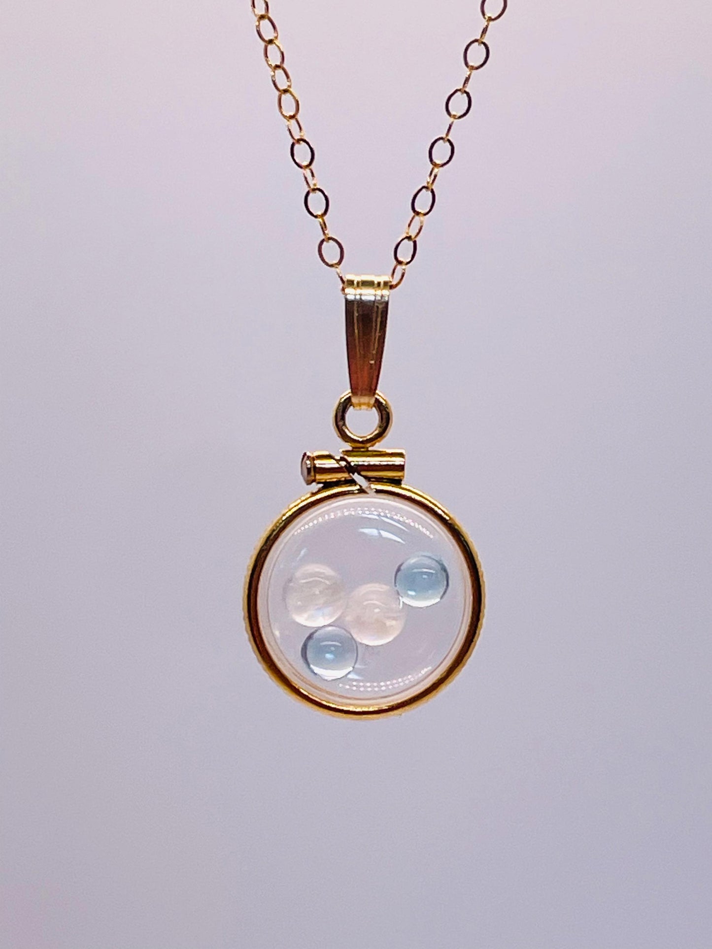 12.5 mm handmade 14k solid gold shaker locket with moonstone and blue topaz