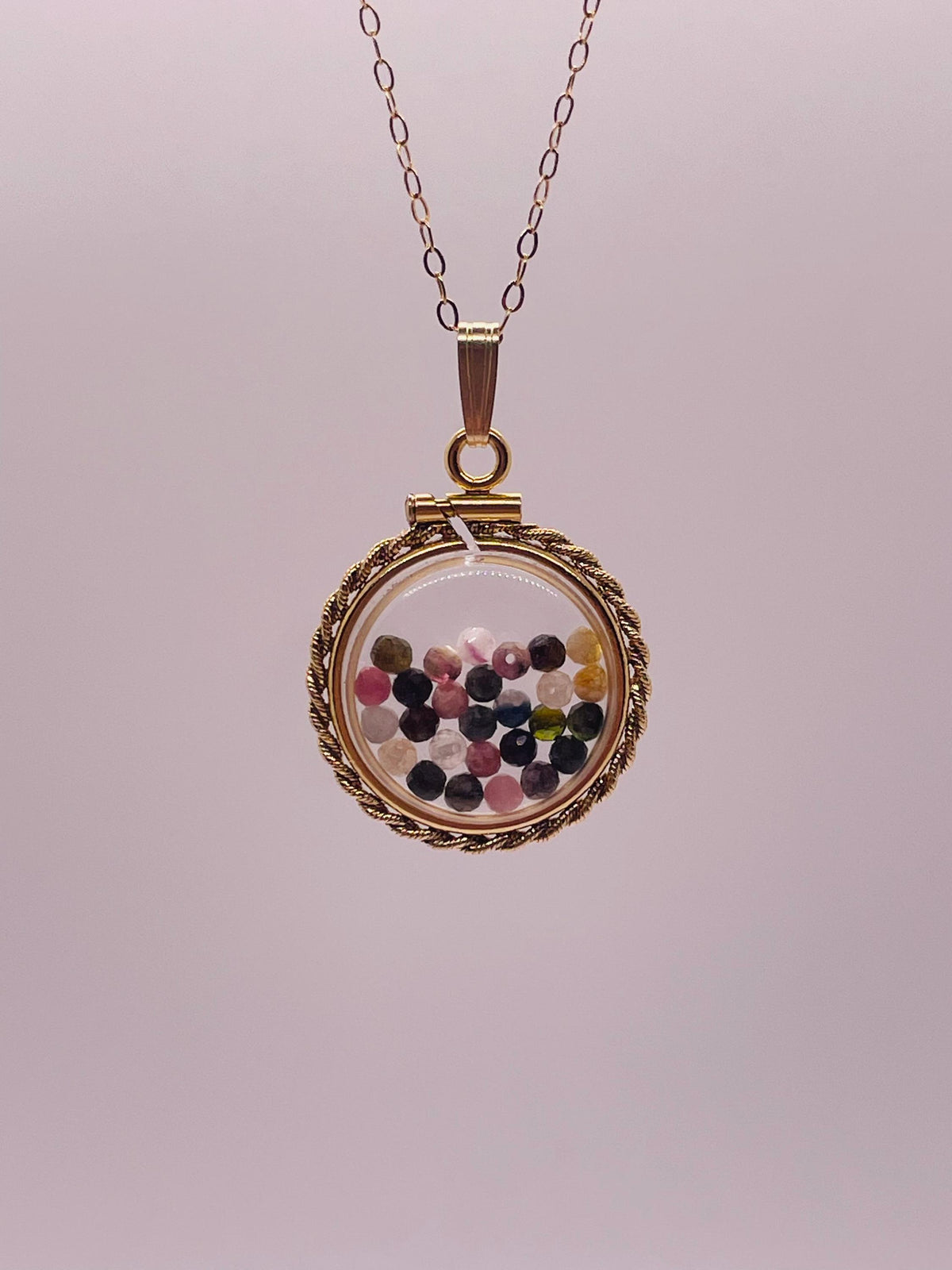 Hand made 21 mm nickel size 14k gold filled lucite genuine multi tourmaline shaker locket with rope edge and  beautiful bead crystals.