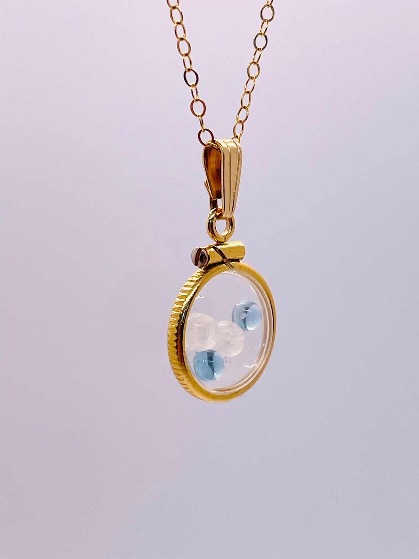 12.5 mm handmade 14k solid gold shaker locket with moonstone and blue topaz