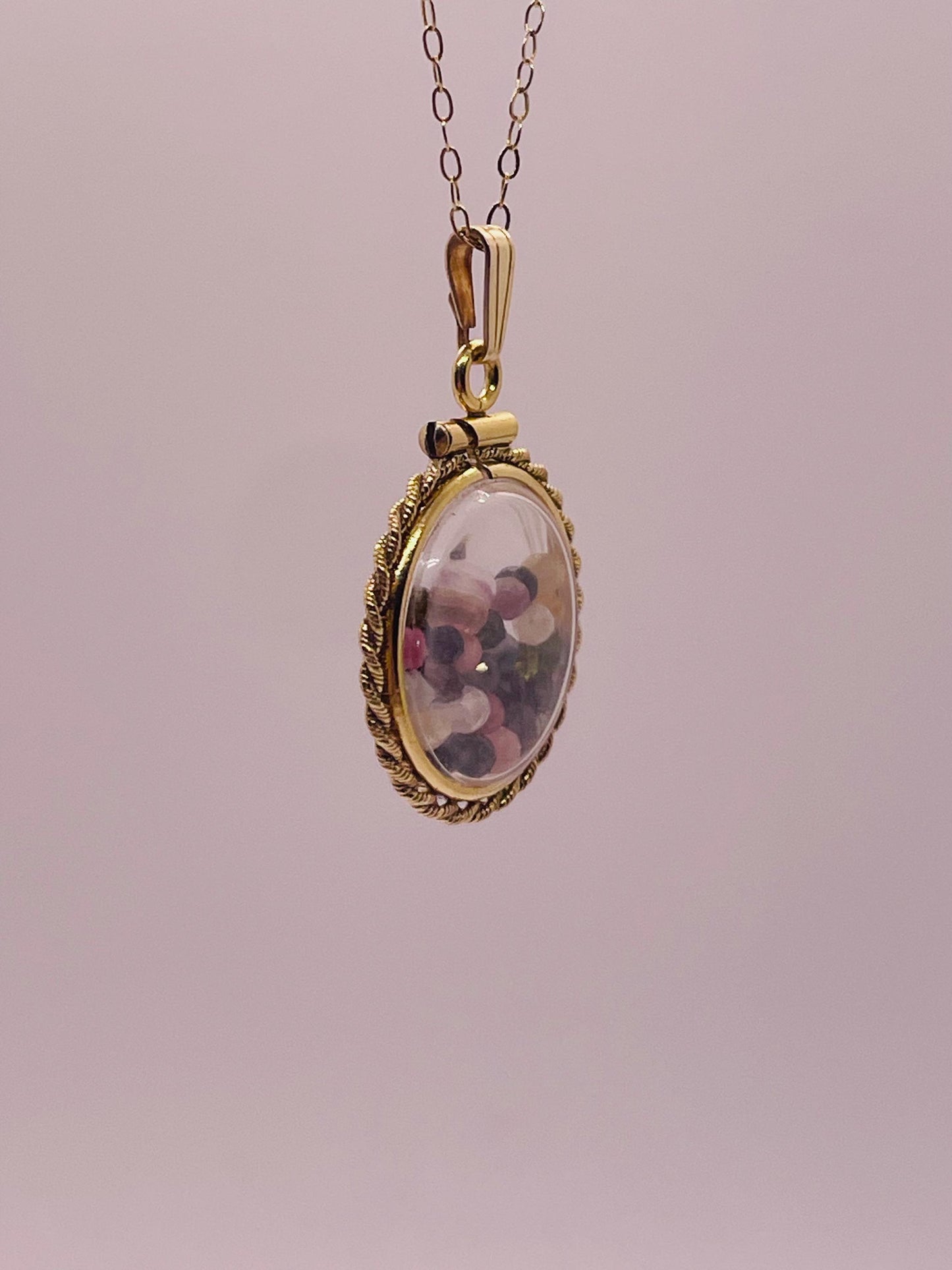 Hand made 21 mm nickel size 14k gold filled lucite genuine multi tourmaline shaker locket with rope edge and  beautiful bead crystals.