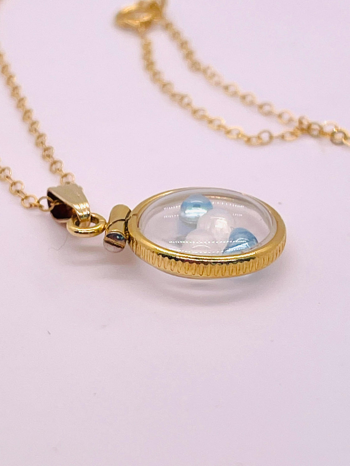 12.5 mm handmade 14k solid gold shaker locket with moonstone and blue topaz