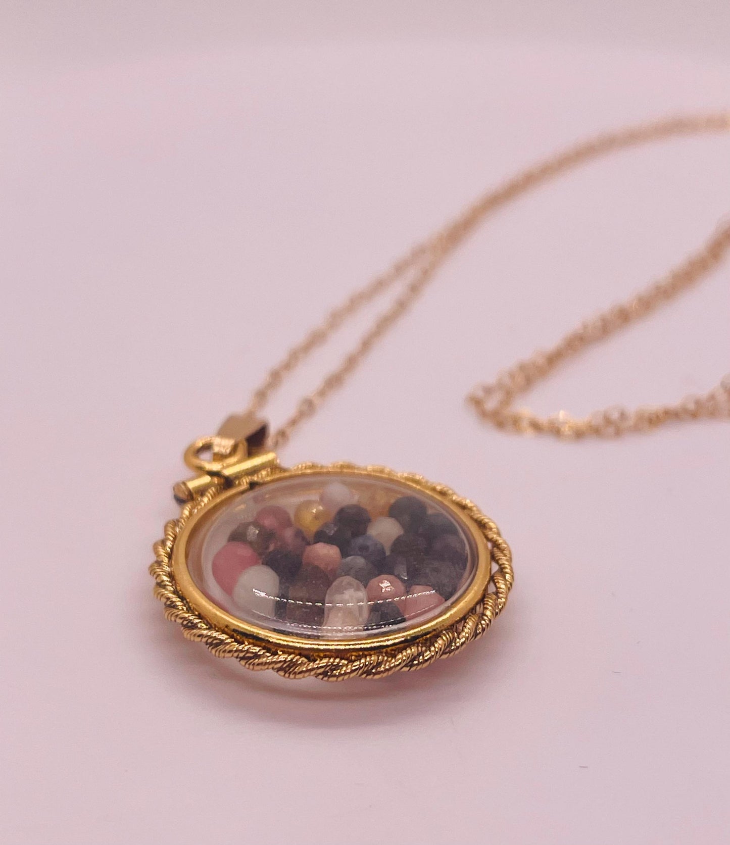 Hand made 21 mm nickel size 14k gold filled lucite genuine multi tourmaline shaker locket with rope edge and  beautiful bead crystals.