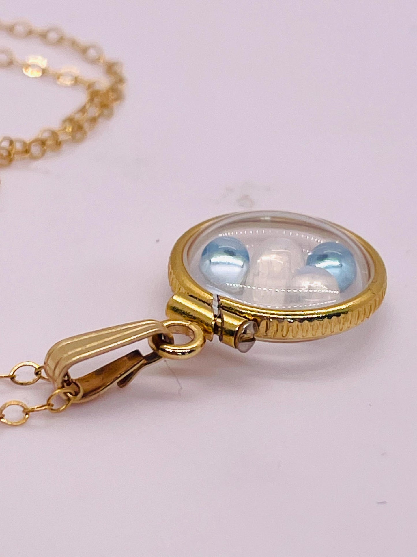 12.5 mm handmade 14k solid gold shaker locket with moonstone and blue topaz
