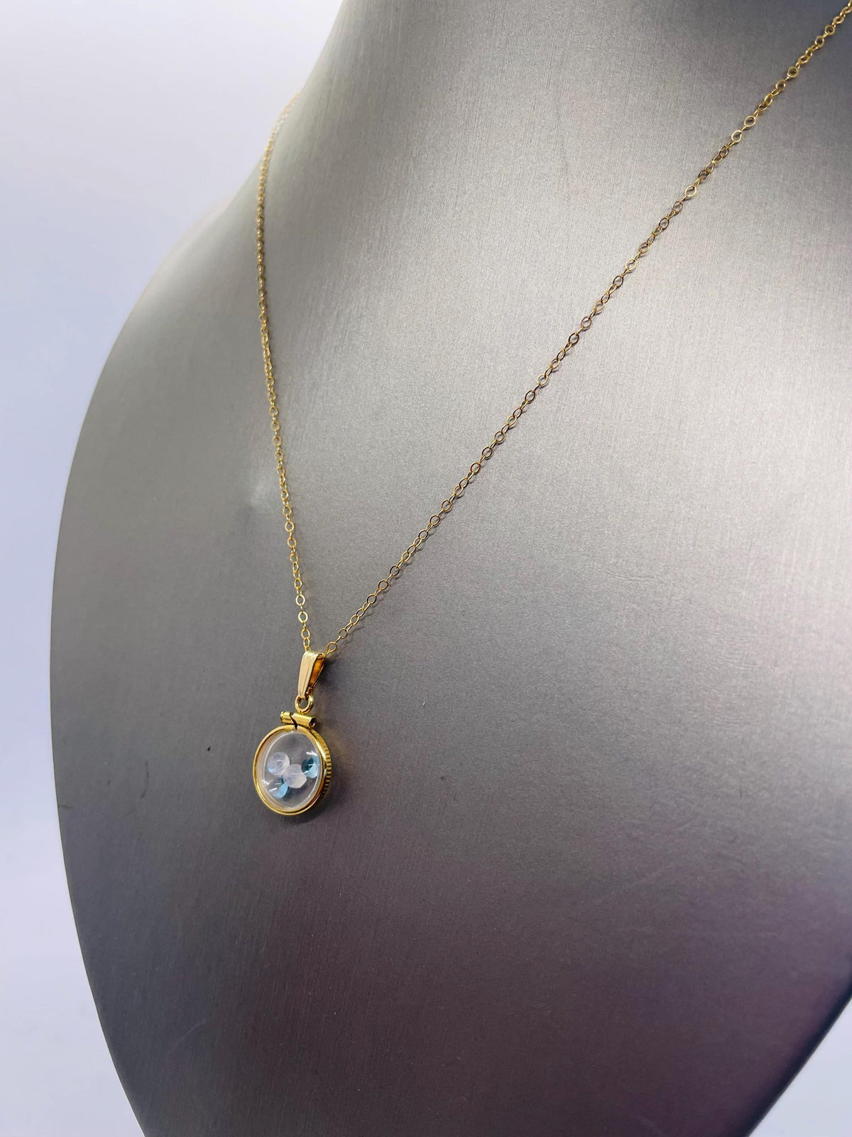 12.5 mm handmade 14k solid gold shaker locket with moonstone and blue topaz