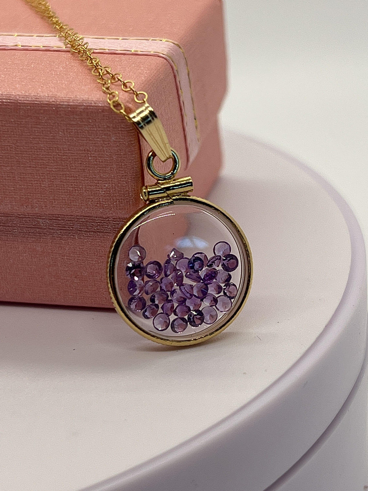 14k solid gold handmade dime sized amethyst shaker locket, 1.15 tcw, february birthstone.