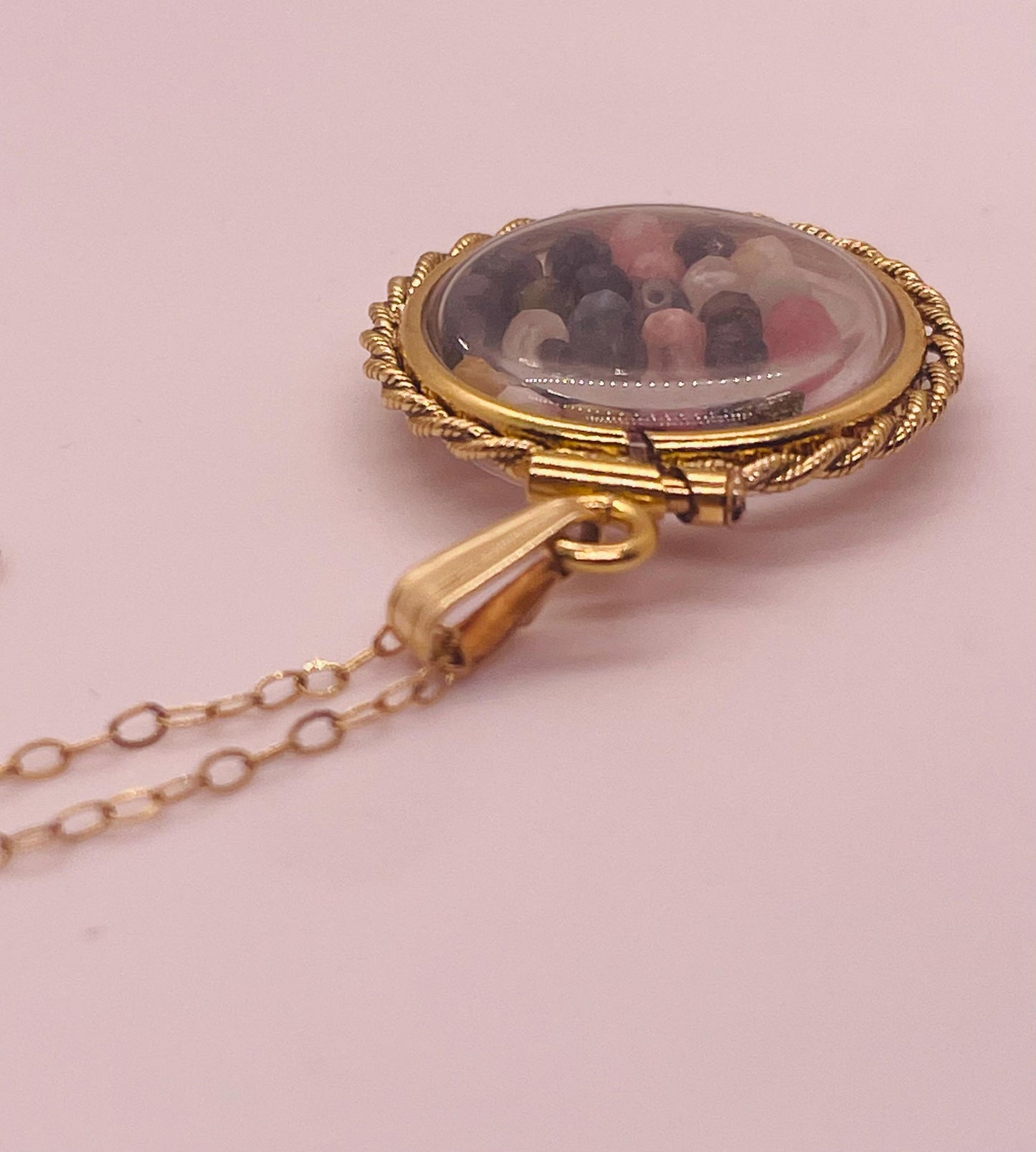 Hand made 21 mm nickel size 14k gold filled lucite genuine multi tourmaline shaker locket with rope edge and  beautiful bead crystals.