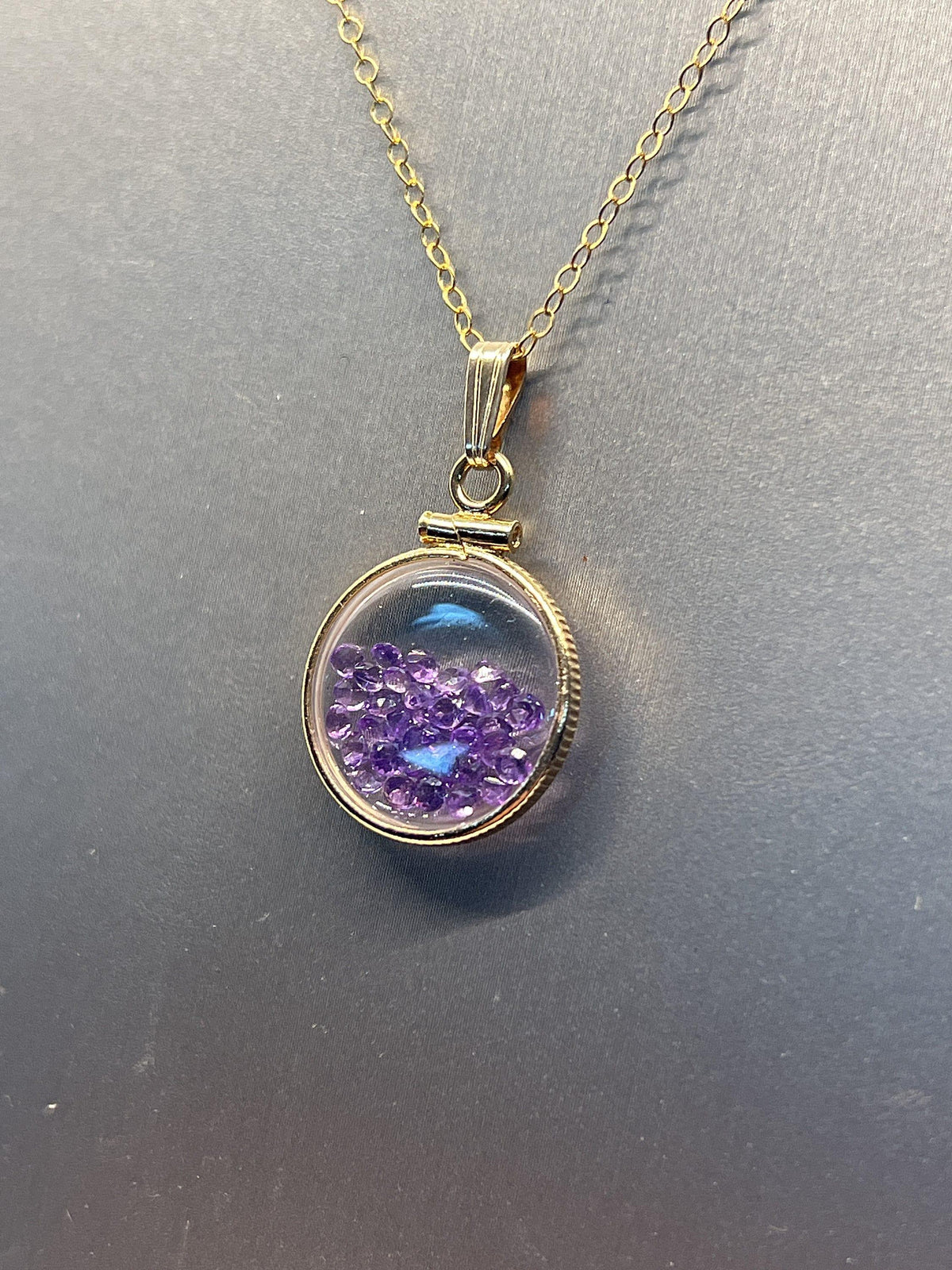 14k solid gold handmade dime sized amethyst shaker locket, 1.15 tcw, february birthstone.