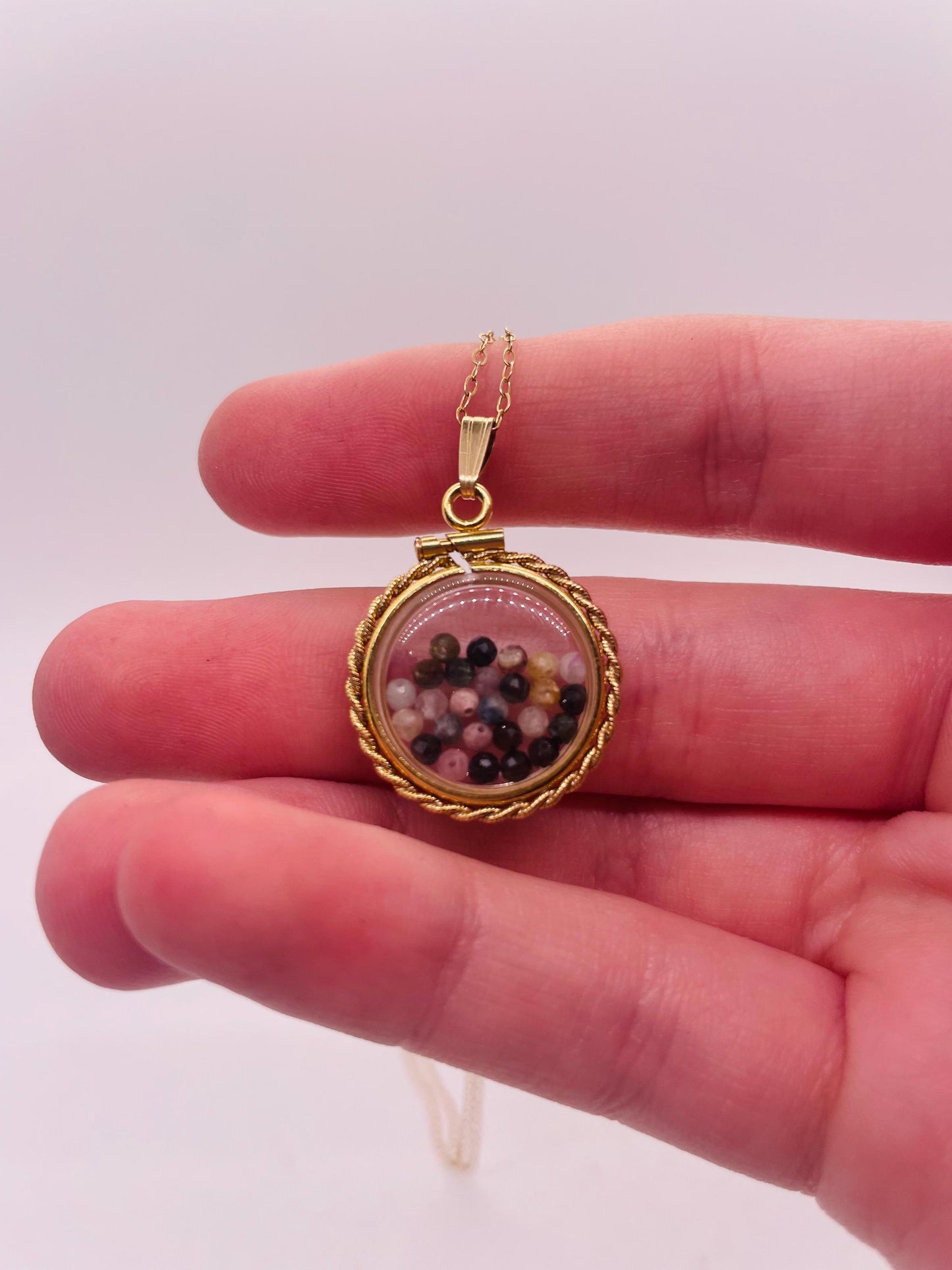 Hand made 21 mm nickel size 14k gold filled lucite genuine multi tourmaline shaker locket with rope edge and  beautiful bead crystals.