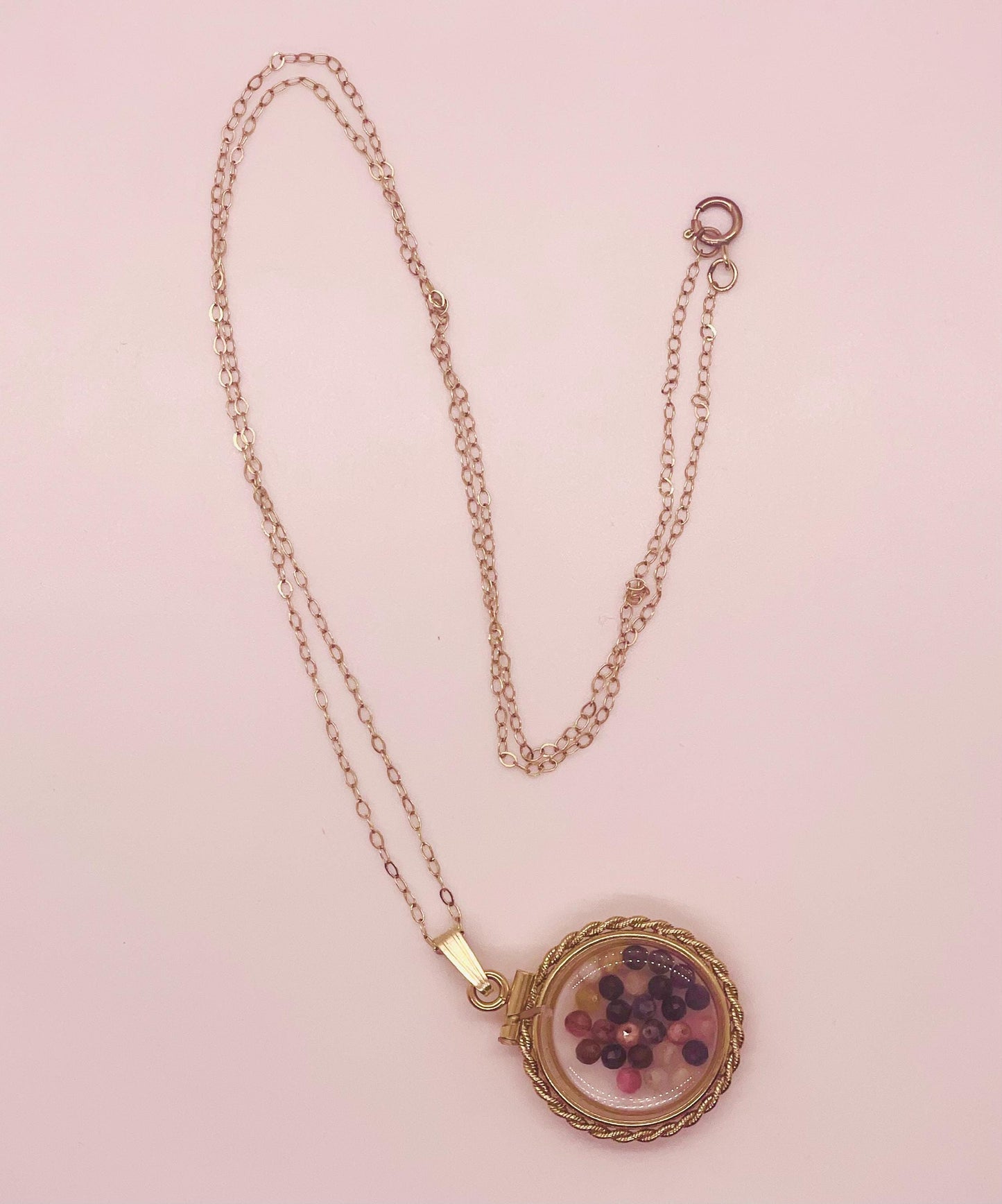 Hand made 21 mm nickel size 14k gold filled lucite genuine multi tourmaline shaker locket with rope edge and  beautiful bead crystals.