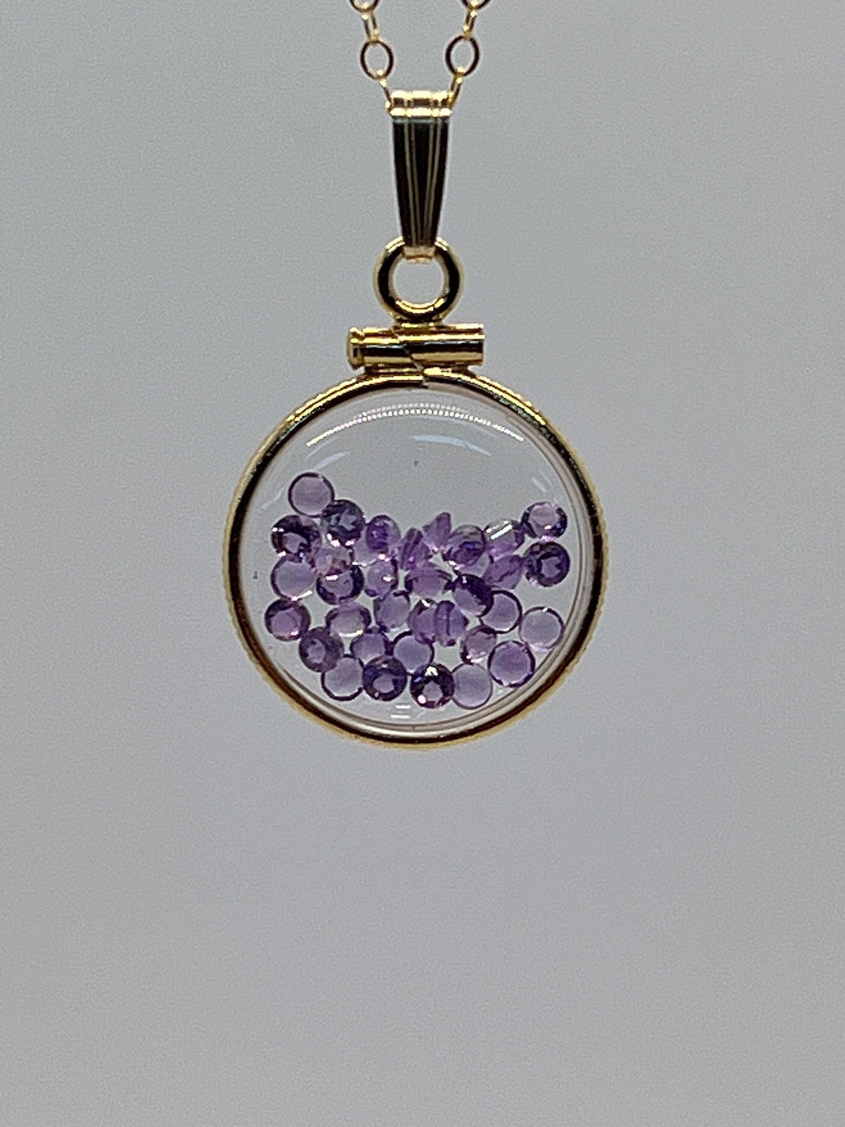 14k solid gold handmade dime sized amethyst shaker locket, 1.15 tcw, february birthstone.