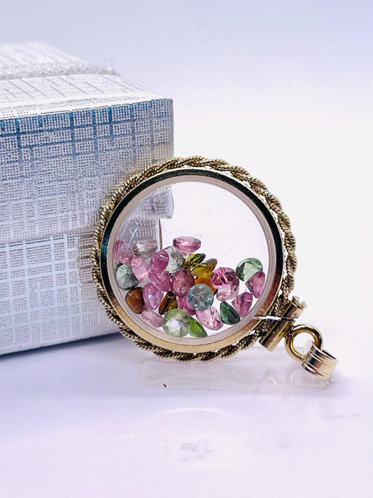 Hand made 20mm nickel size 14k gold filled lucite multi-colored tourmaline shaker locket with rope edge