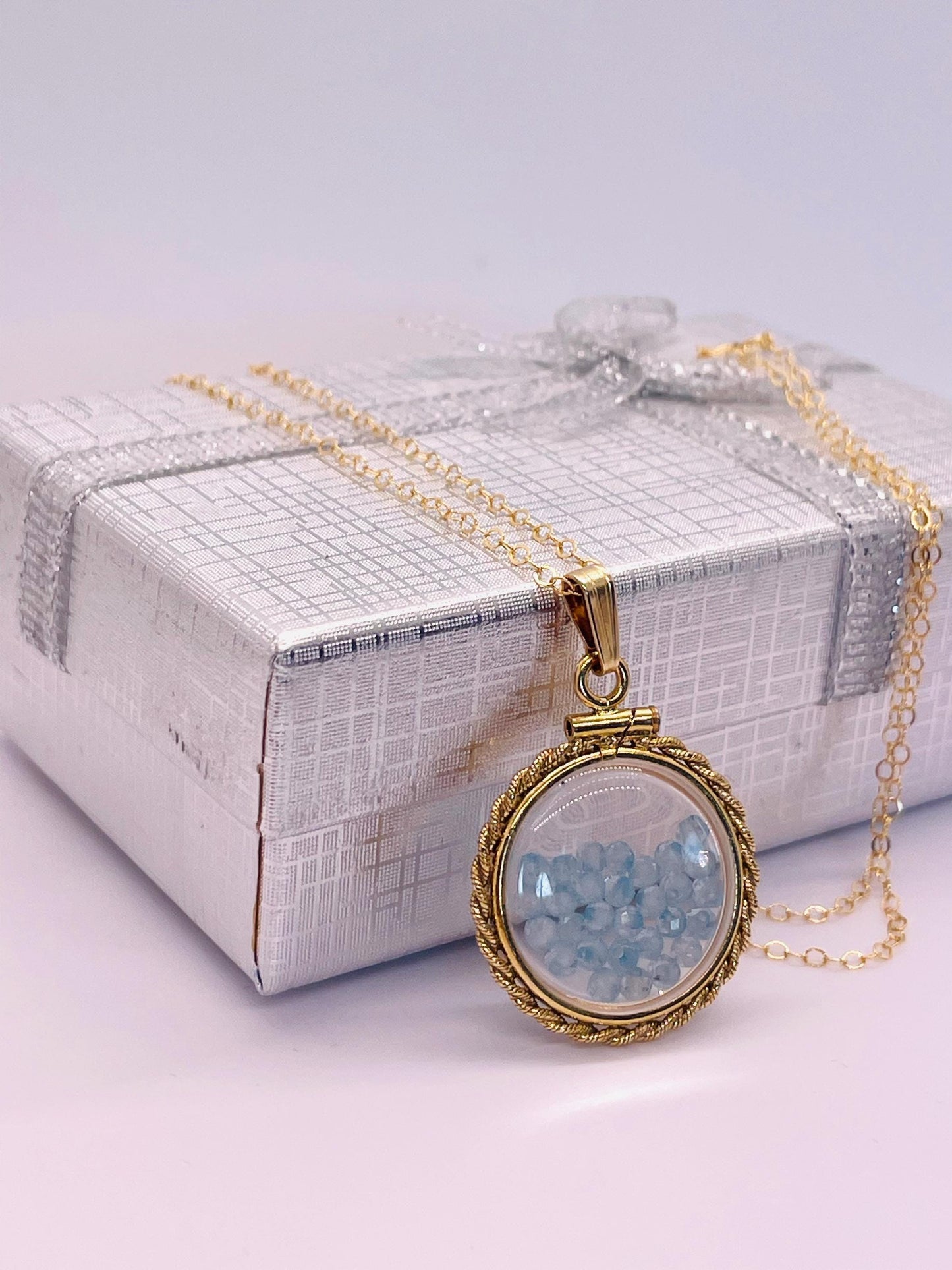 Hand made 21 mm nickel size 14k gold filled lucite genuine blue topaz shaker locket with rope edge and beautiful bead crystals