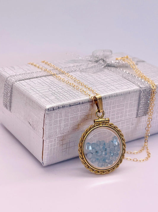 Hand made 21 mm nickel size 14k gold filled lucite genuine blue topaz shaker locket with rope edge and beautiful bead crystals