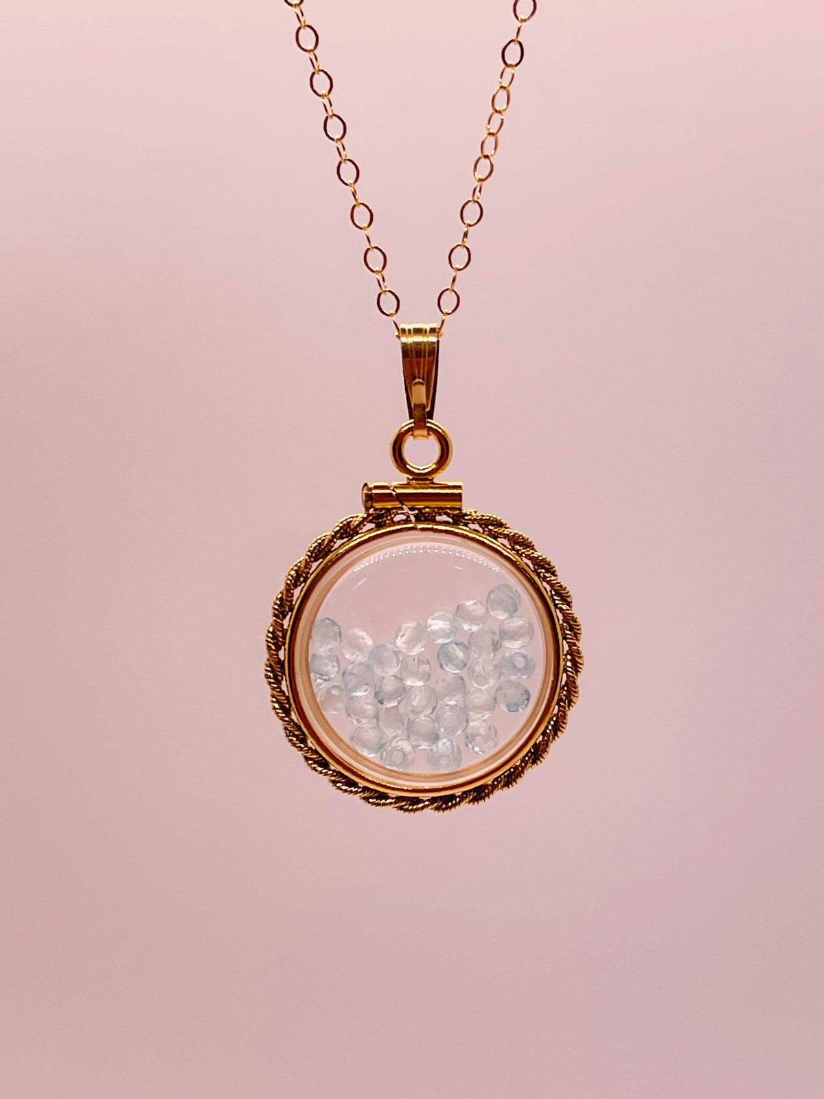 Hand made 21 mm nickel size 14k gold filled lucite genuine blue topaz shaker locket with rope edge and beautiful bead crystals