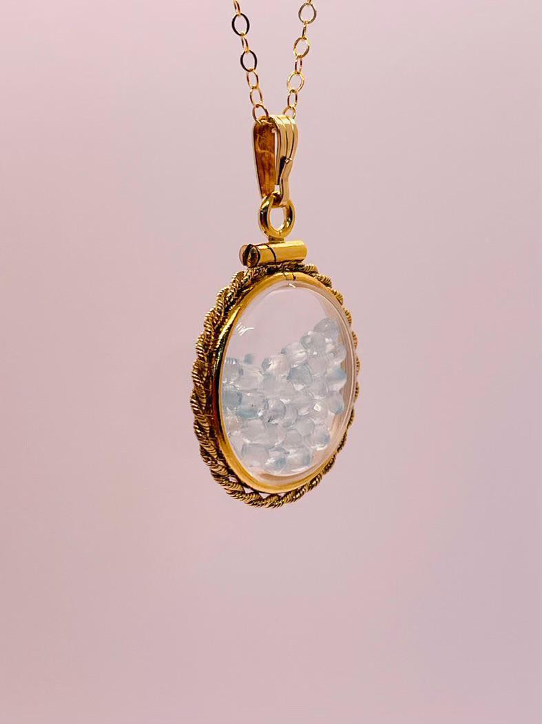 Hand made 21 mm nickel size 14k gold filled lucite genuine blue topaz shaker locket with rope edge and beautiful bead crystals