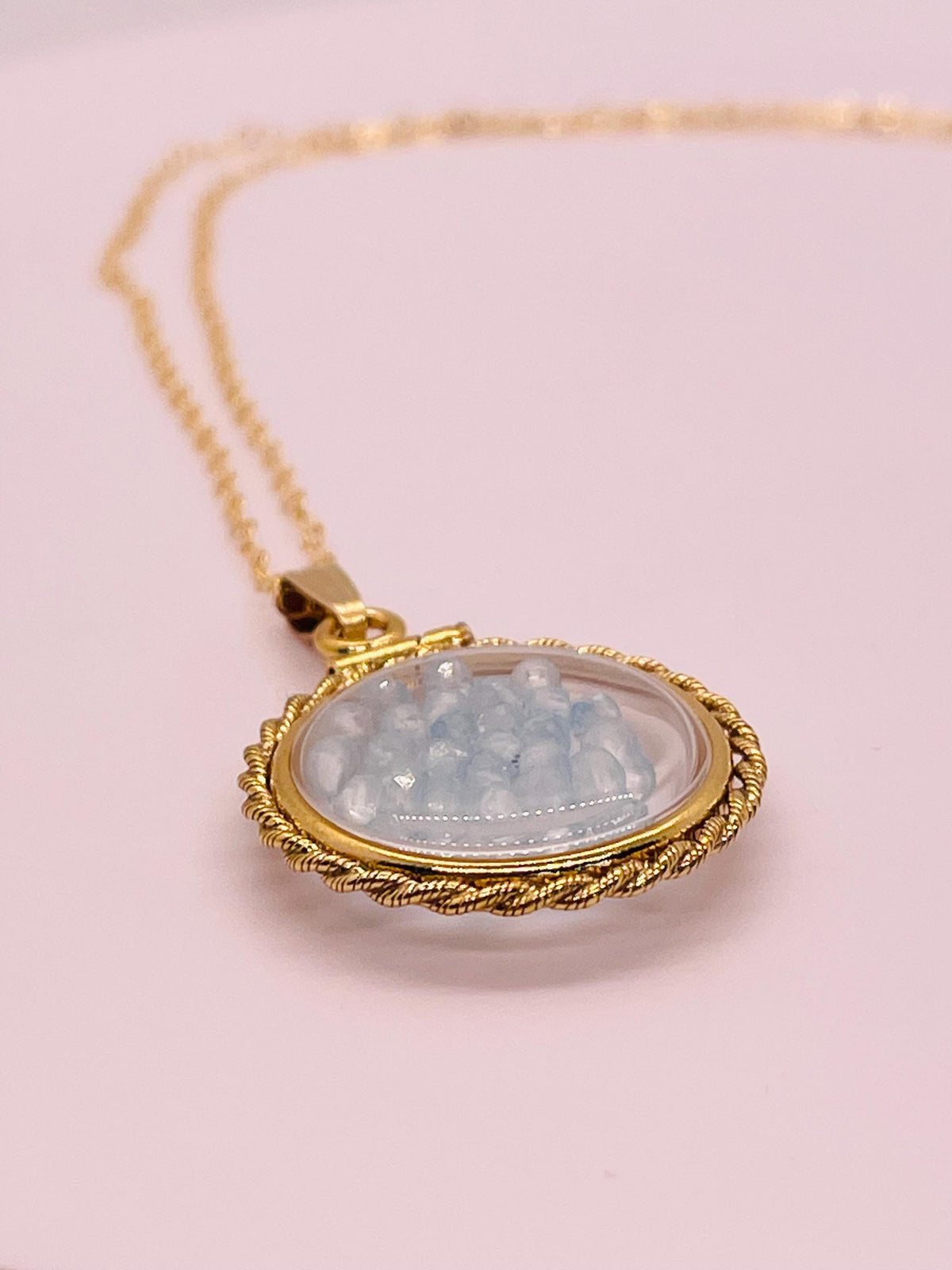 Hand made 21 mm nickel size 14k gold filled lucite genuine blue topaz shaker locket with rope edge and beautiful bead crystals