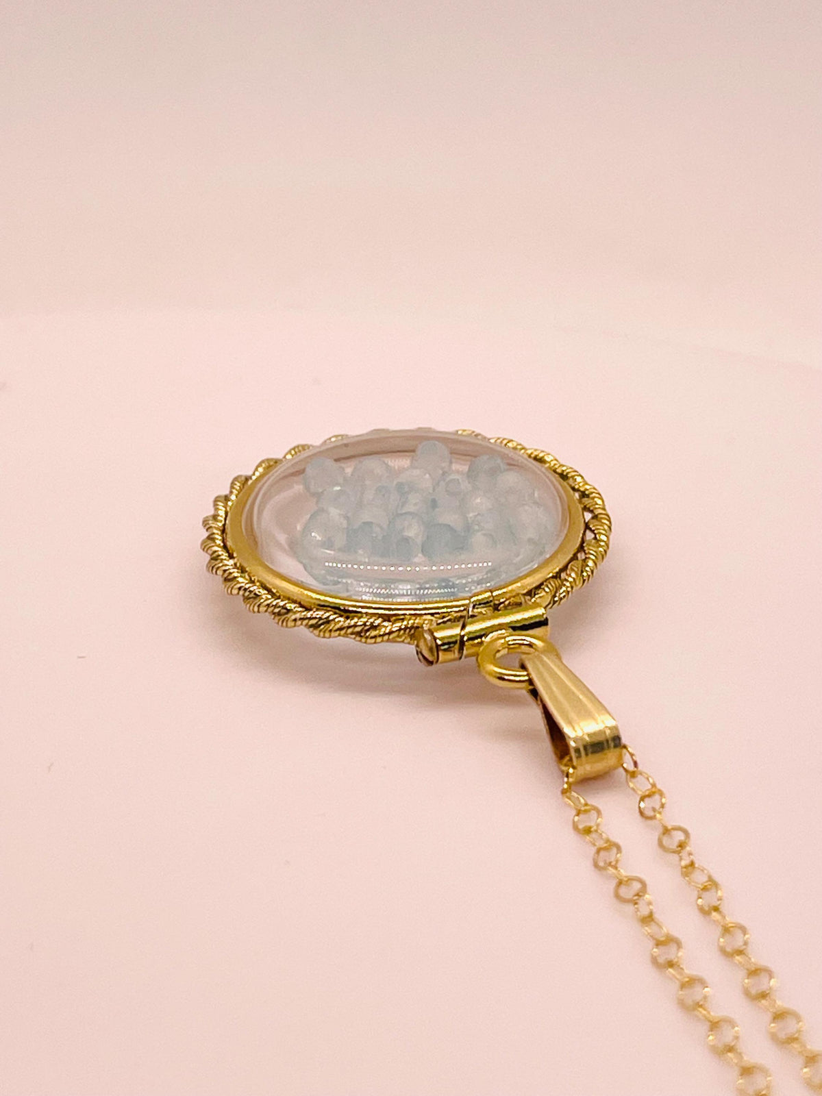Hand made 21 mm nickel size 14k gold filled lucite genuine blue topaz shaker locket with rope edge and beautiful bead crystals