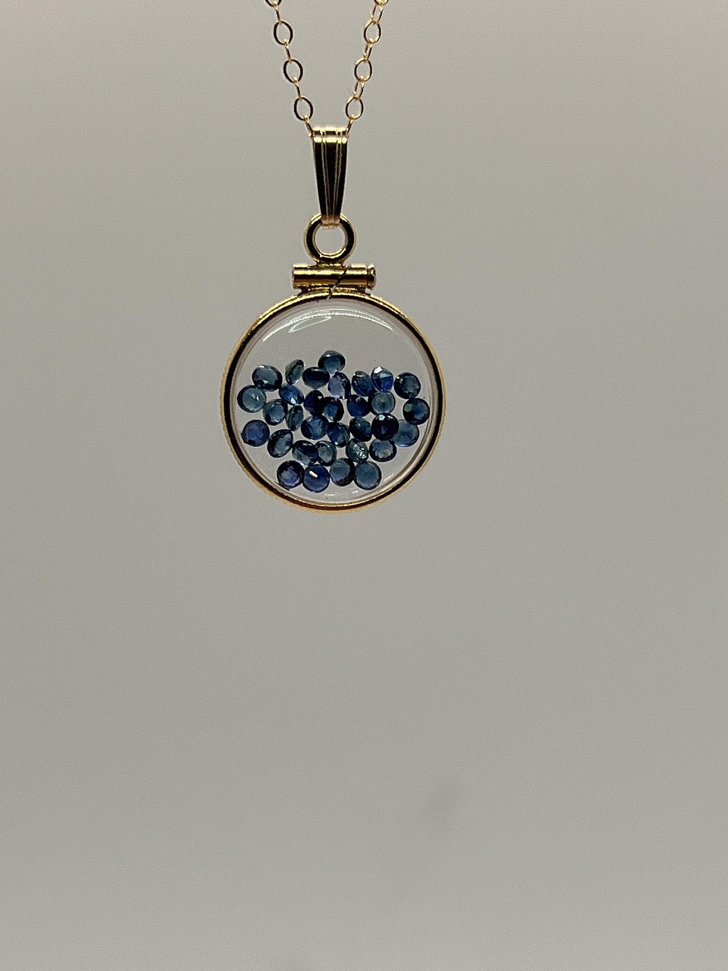 14k solid gold handmade dime size sapphire shaker locket, 2.0 tcw,  september birthstone.
