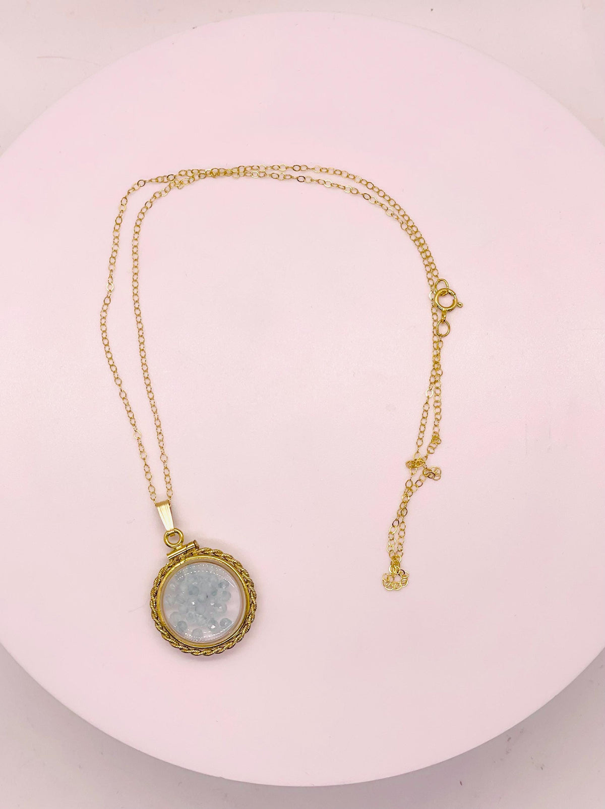 Hand made 21 mm nickel size 14k gold filled lucite genuine blue topaz shaker locket with rope edge and beautiful bead crystals