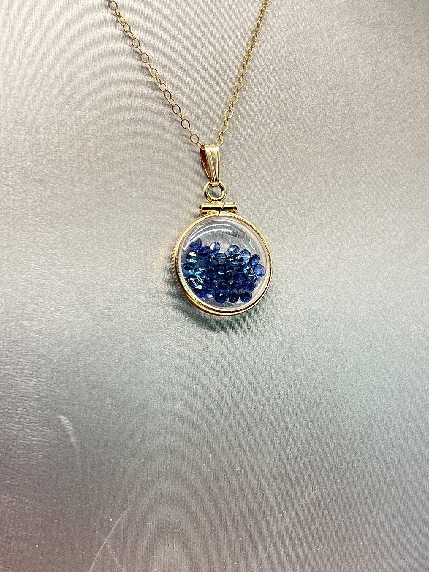 14k solid gold handmade dime size sapphire shaker locket, 2.0 tcw,  september birthstone.