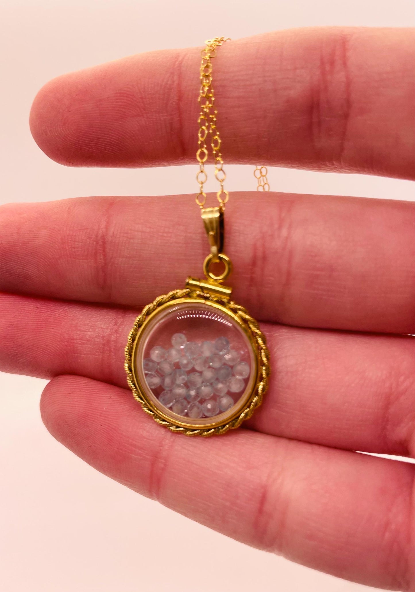 Hand made 21 mm nickel size 14k gold filled lucite genuine blue topaz shaker locket with rope edge and beautiful bead crystals