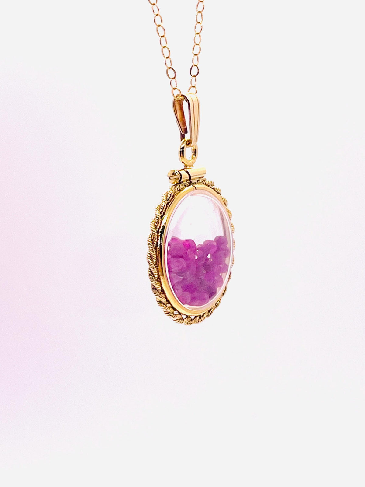 Hand made 21 mm nickel size 14k gold filled lucite genuine ruby shaker locket with rope edge and beautiful bead crystals.