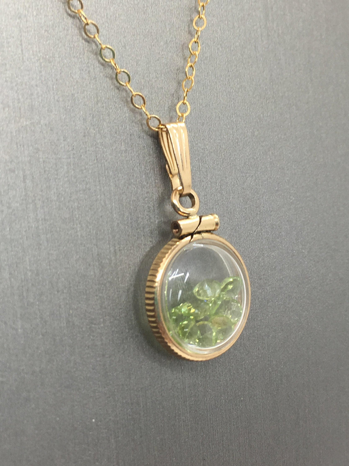 Diminutive handmade peridot shaker locket 14k gold filled or silver with beautiful august birthstone, .9 tcw