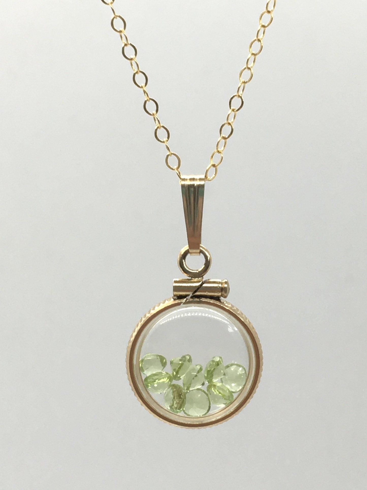 Diminutive handmade peridot shaker locket 14k gold filled or silver with beautiful august birthstone, .9 tcw