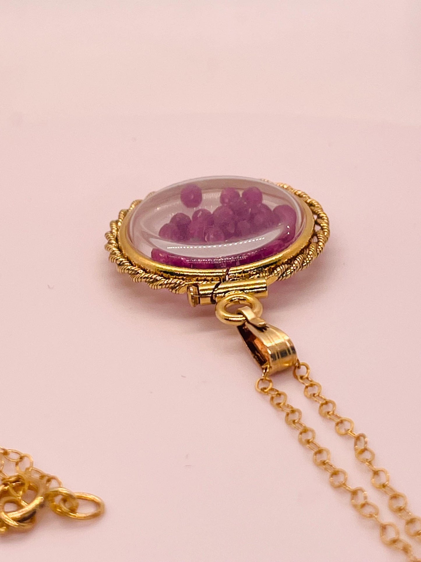 Hand made 21 mm nickel size 14k gold filled lucite genuine ruby shaker locket with rope edge and beautiful bead crystals.