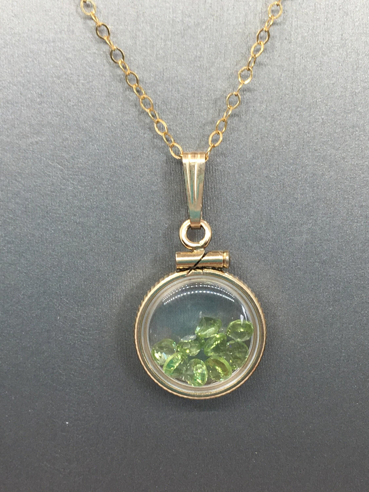 Diminutive handmade peridot shaker locket 14k gold filled or silver with beautiful august birthstone, .9 tcw