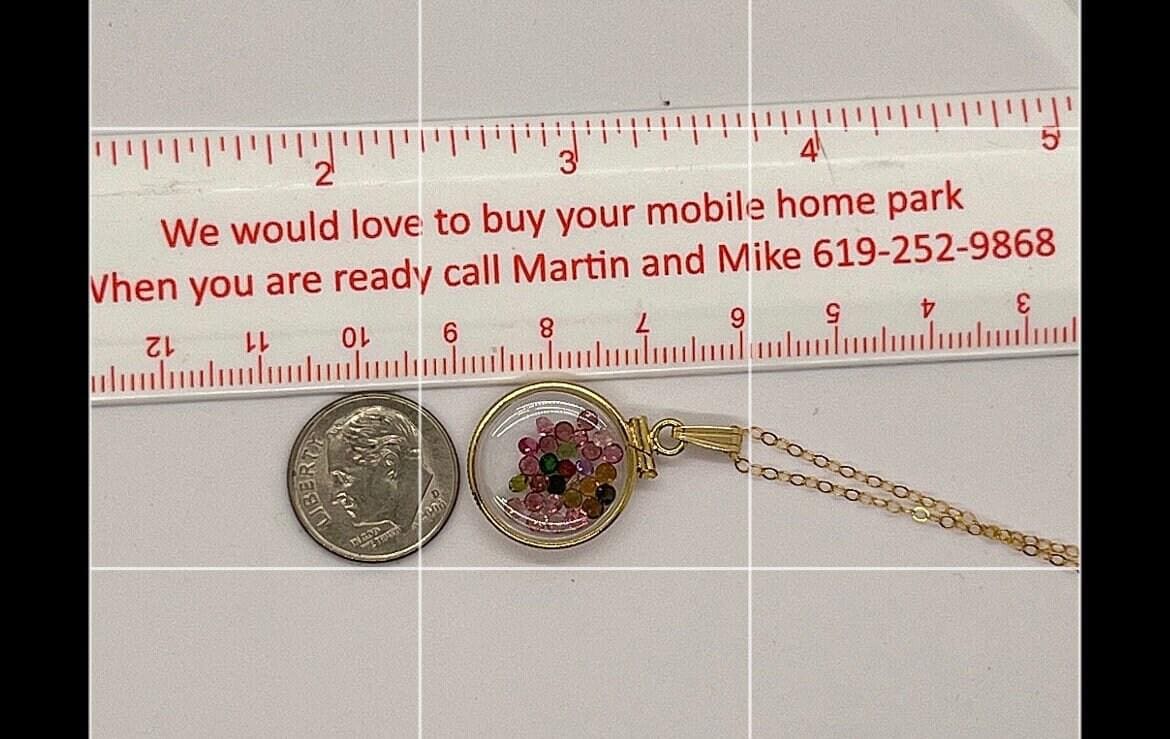 Solid 14k gold lucite handmade 4.4 tcw mix of garnet, emerald, sapphire shaker locket. round cut colorful gems. artistic series- beautiful