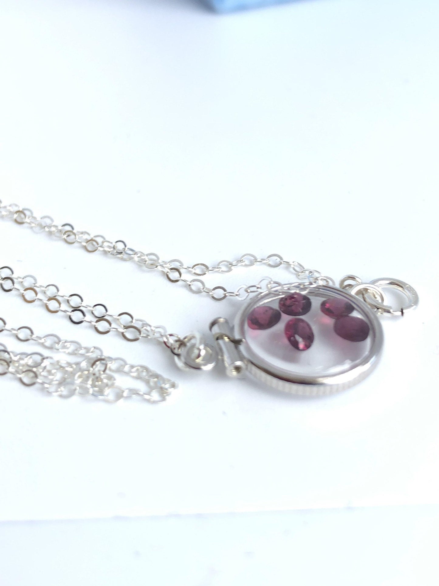 Dainty handmade garnet sterling silver shaker locket w/.91 tcw beautiful gems, january birthstone customize one for your mother's day ask me
