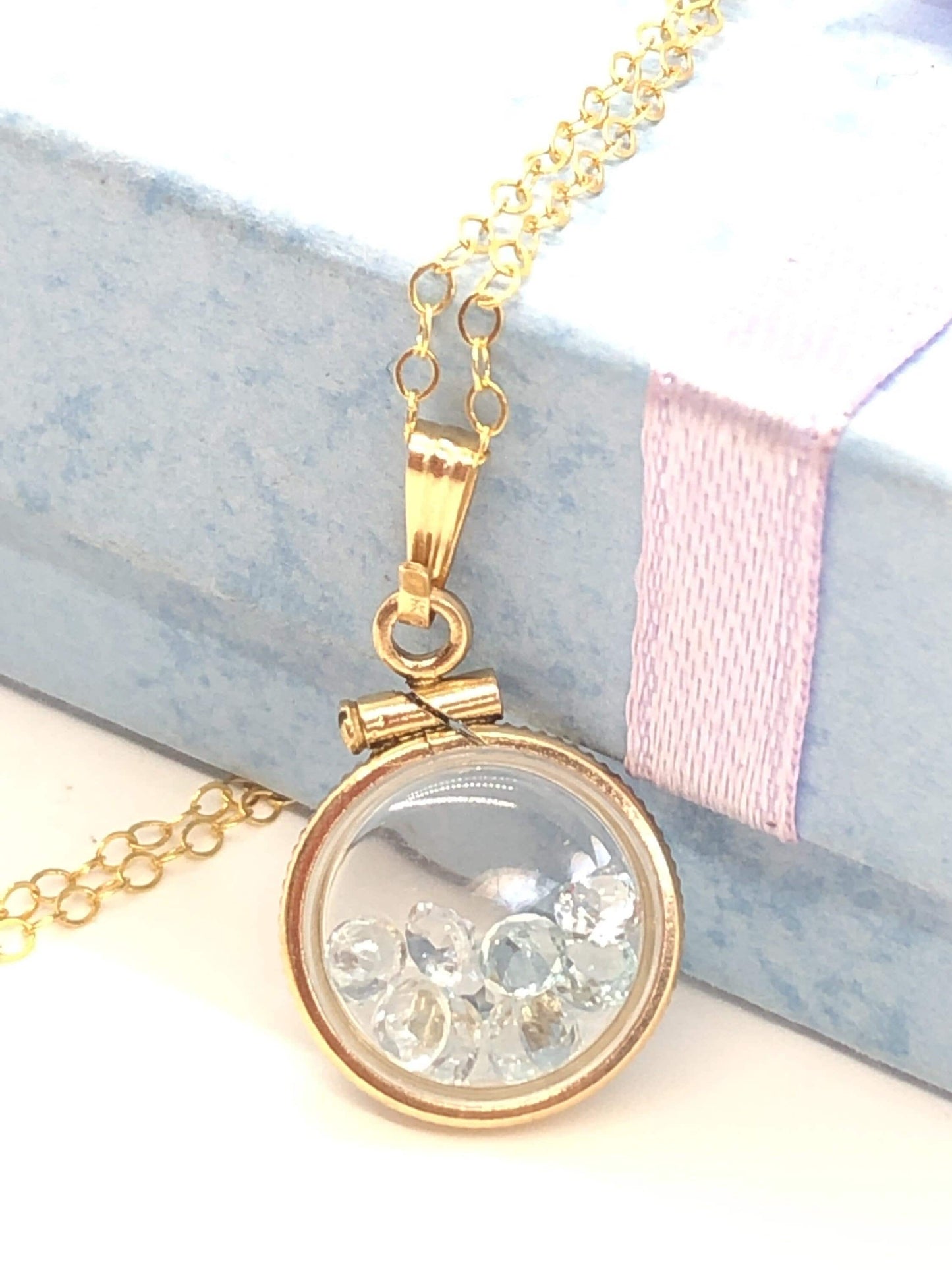 Handmade 1.1 tcw aquamarine shaker locket 14k gold filled or sterling silver with march birthstone