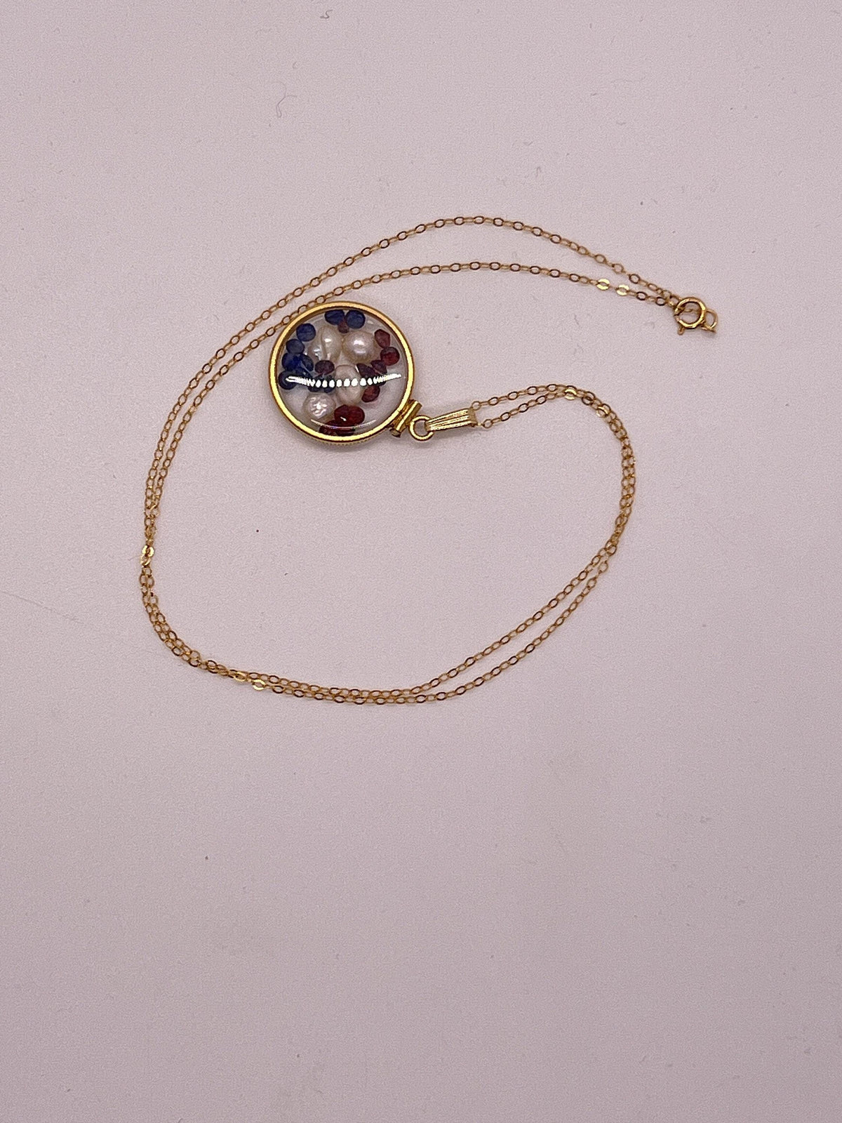 Solid 14k gold lucite handmade mix of garnet, sapphire and pearl shaker locket. round cut colorful gems. artistic series-us flag colors