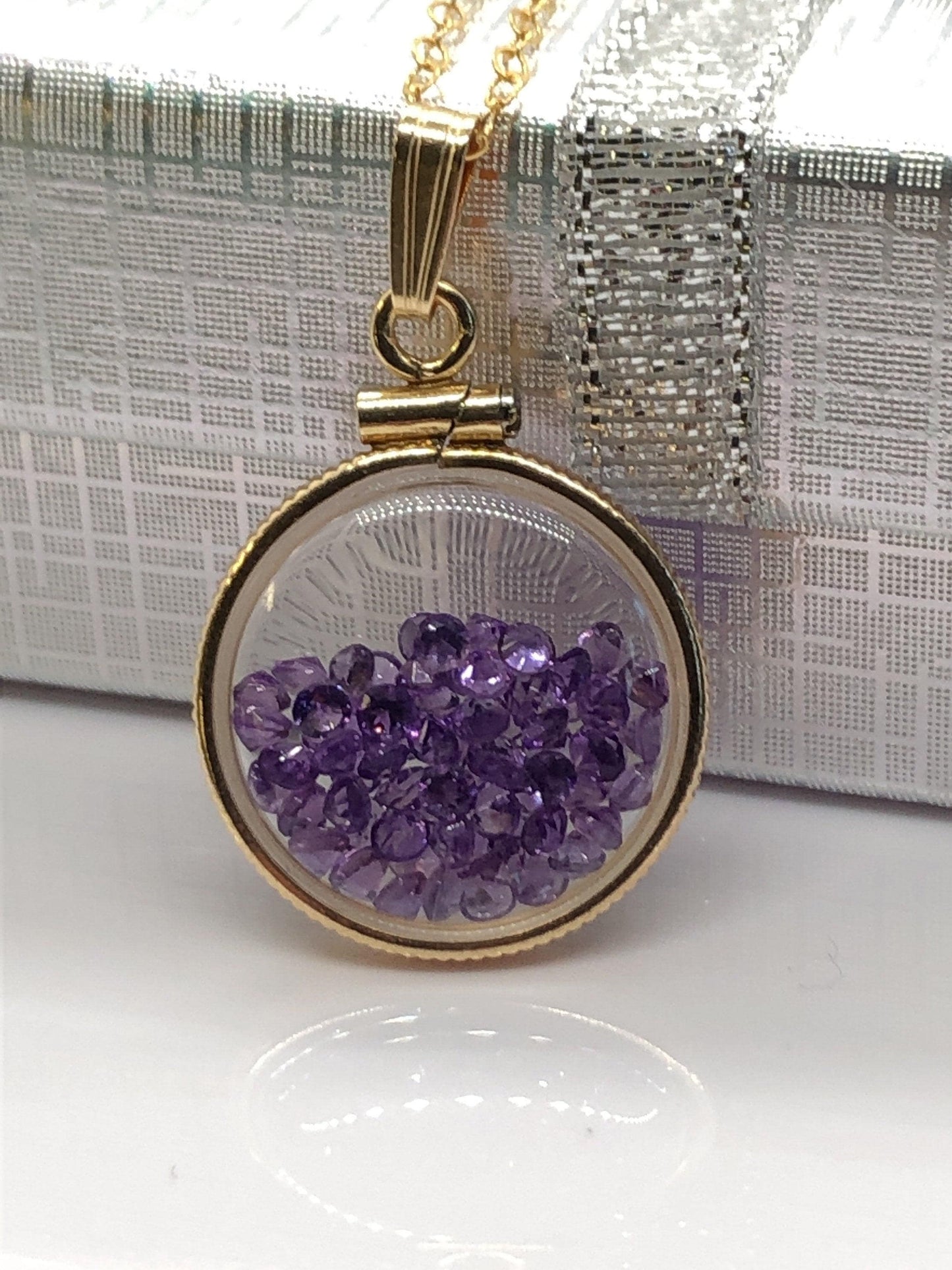 Handmade dime sized amethyst shaker locket,gold filled locket, 2.5 tcw, february birthstone.