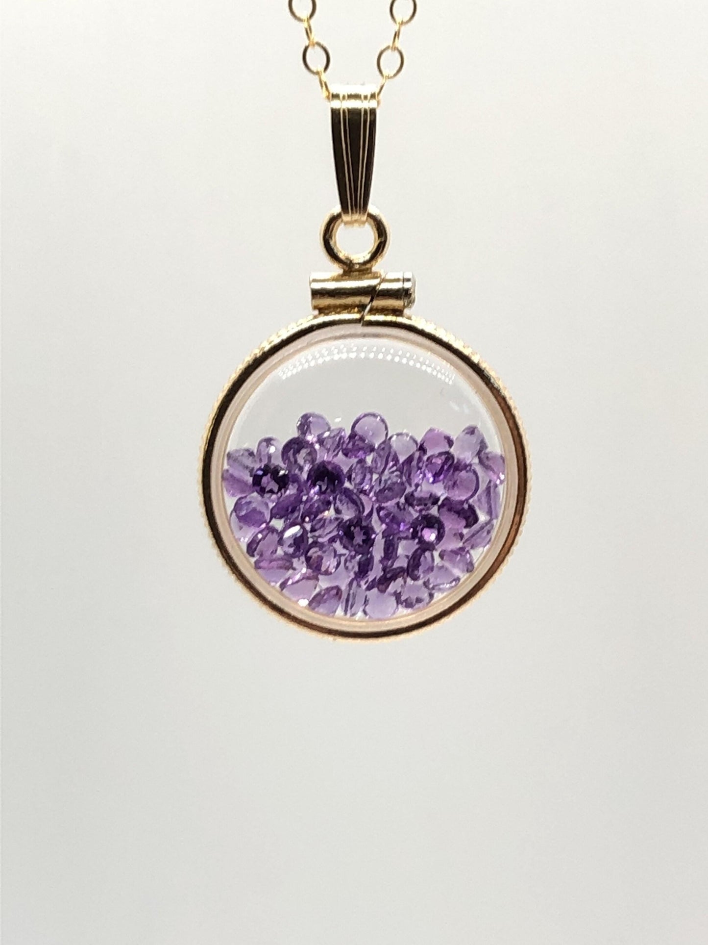 Handmade dime sized amethyst shaker locket,gold filled locket, 2.5 tcw, february birthstone.