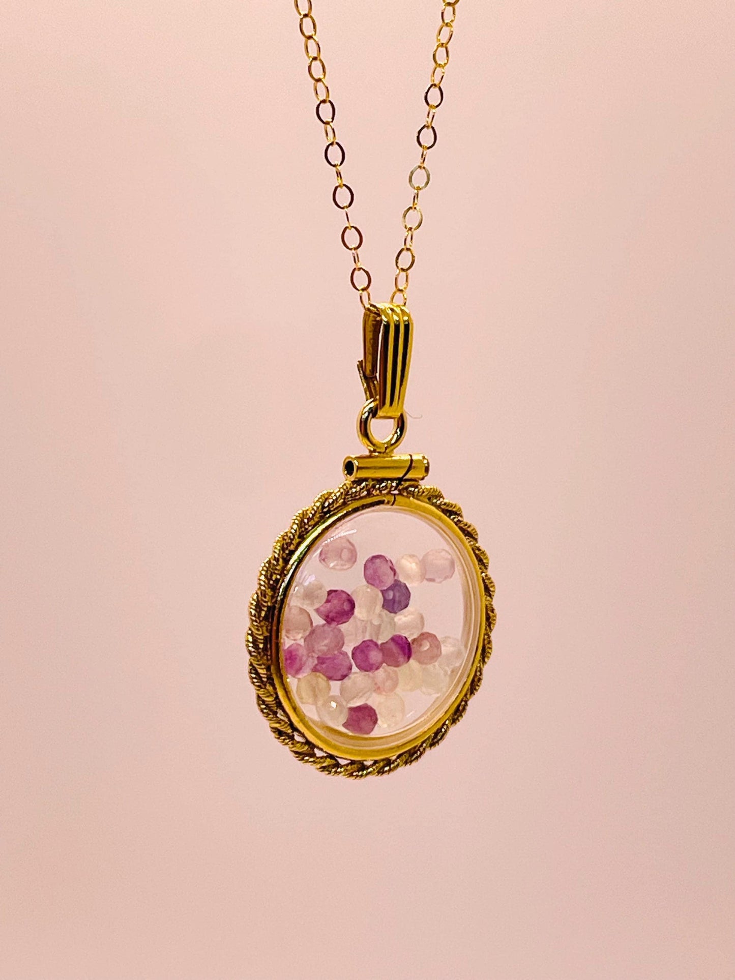 Hand made 21 mm nickel size 14k gold filled lucite genuine fluorite shaker locket with rope edge, with beautiful bead crystals.