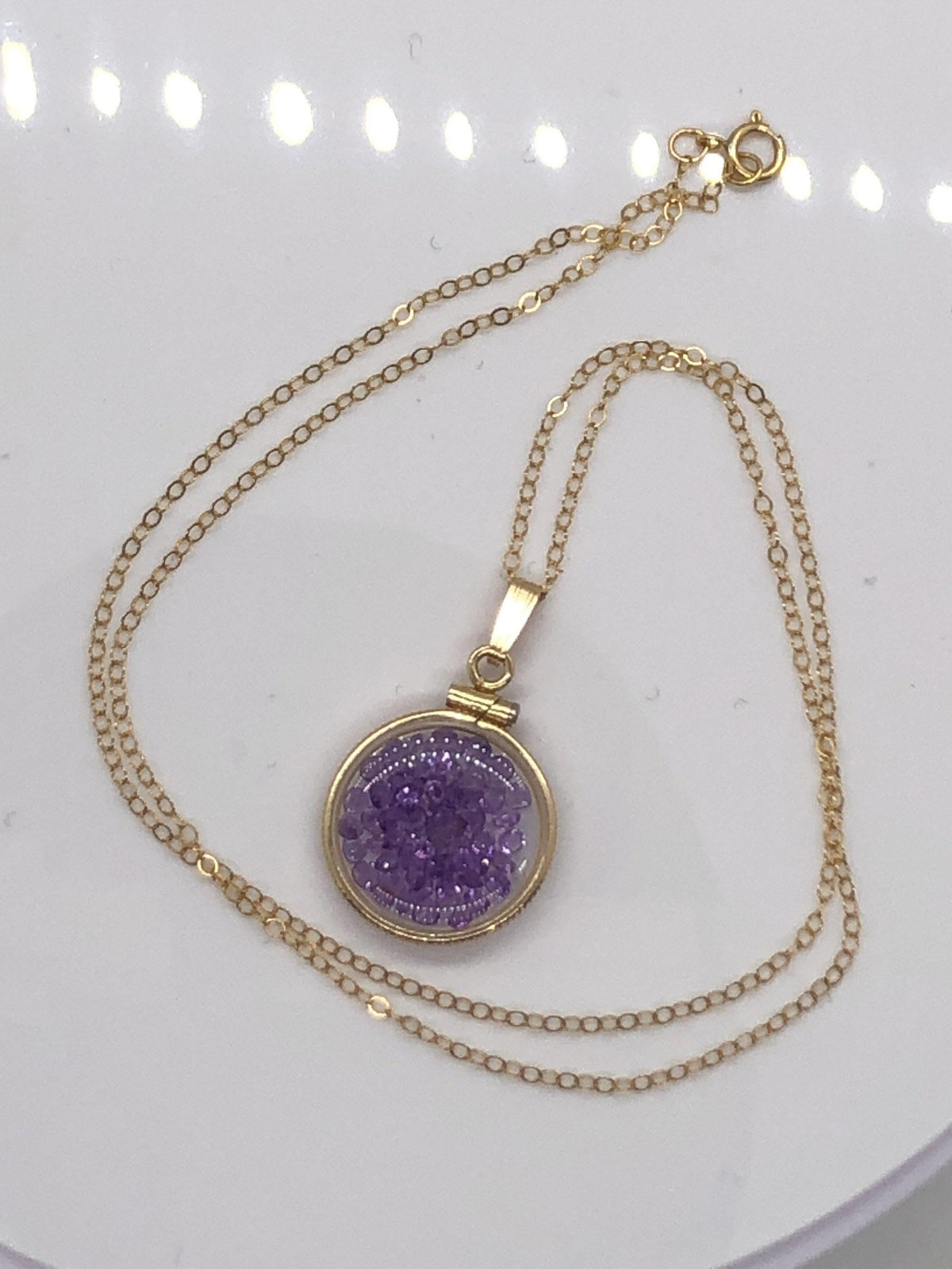 Handmade dime sized amethyst shaker locket,gold filled locket, 2.5 tcw, february birthstone.