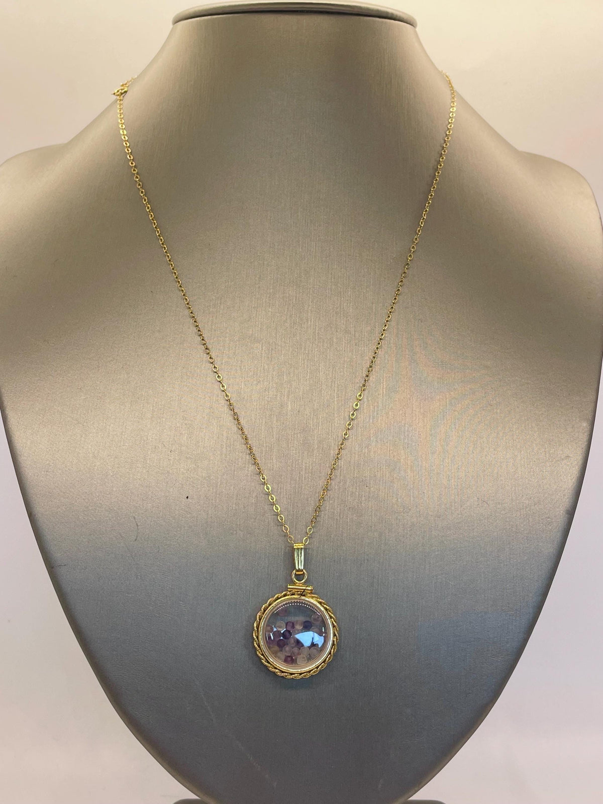 Hand made 21 mm nickel size 14k gold filled lucite genuine fluorite shaker locket with rope edge, with beautiful bead crystals.