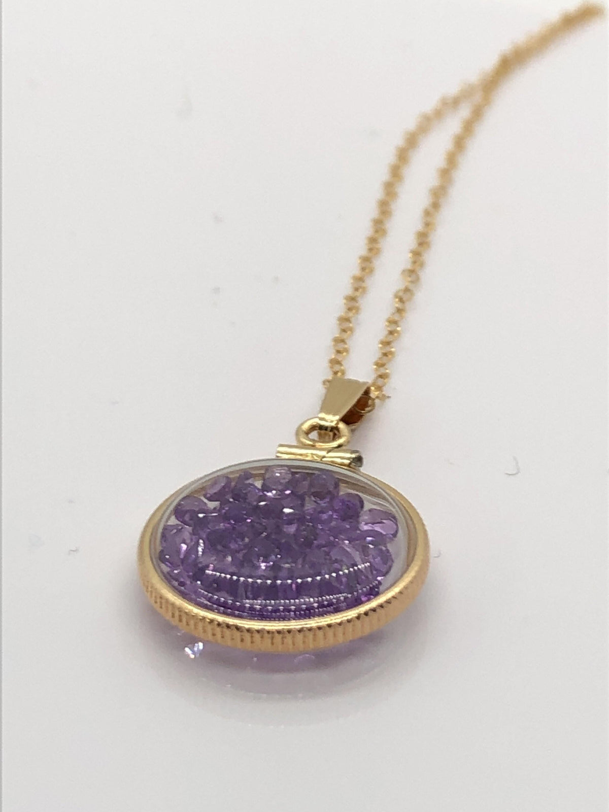 Handmade dime sized amethyst shaker locket,gold filled locket, 2.5 tcw, february birthstone.