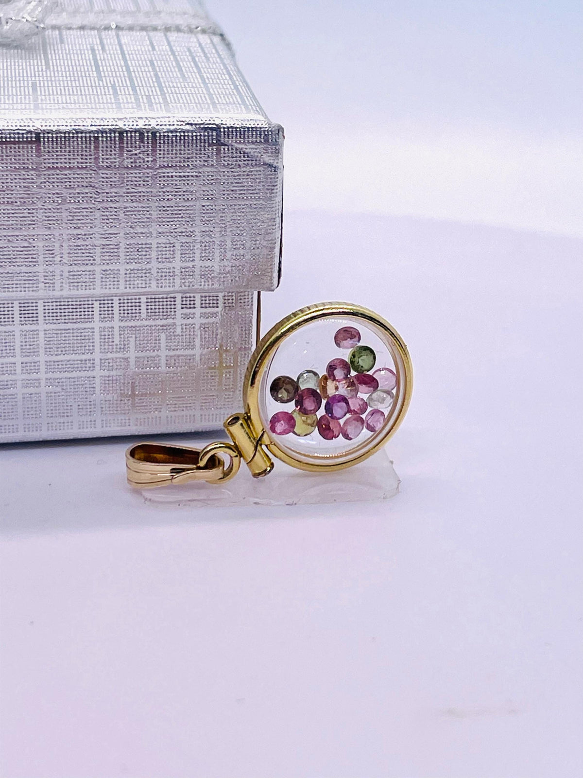 12.5 mm handmade 14k solid gold shaker locket with multi-colored tourmaline gemstones, free screwdriver