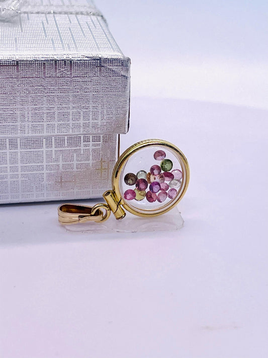 12.5 mm handmade 14k solid gold shaker locket with multi-colored tourmaline gemstones, free screwdriver