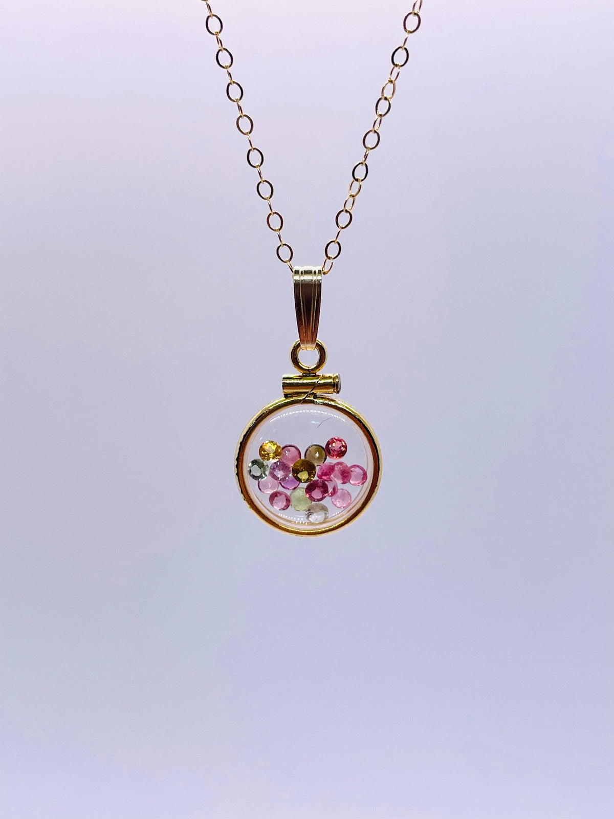 12.5 mm handmade 14k solid gold shaker locket with multi-colored tourmaline gemstones, free screwdriver