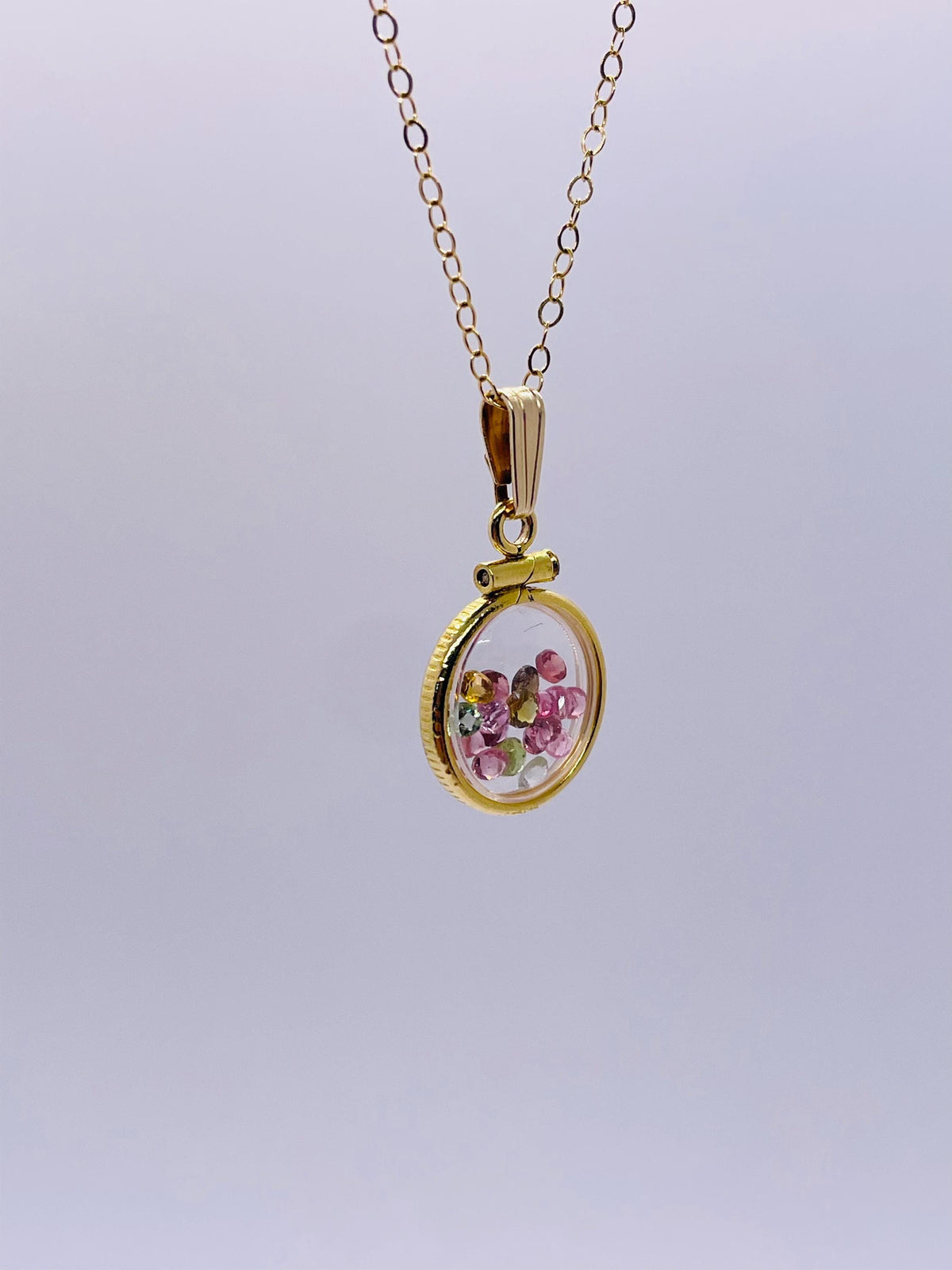 12.5 mm handmade 14k solid gold shaker locket with multi-colored tourmaline gemstones, free screwdriver
