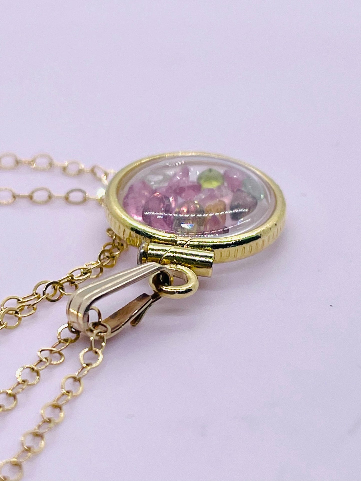 12.5 mm handmade 14k solid gold shaker locket with multi-colored tourmaline gemstones, free screwdriver