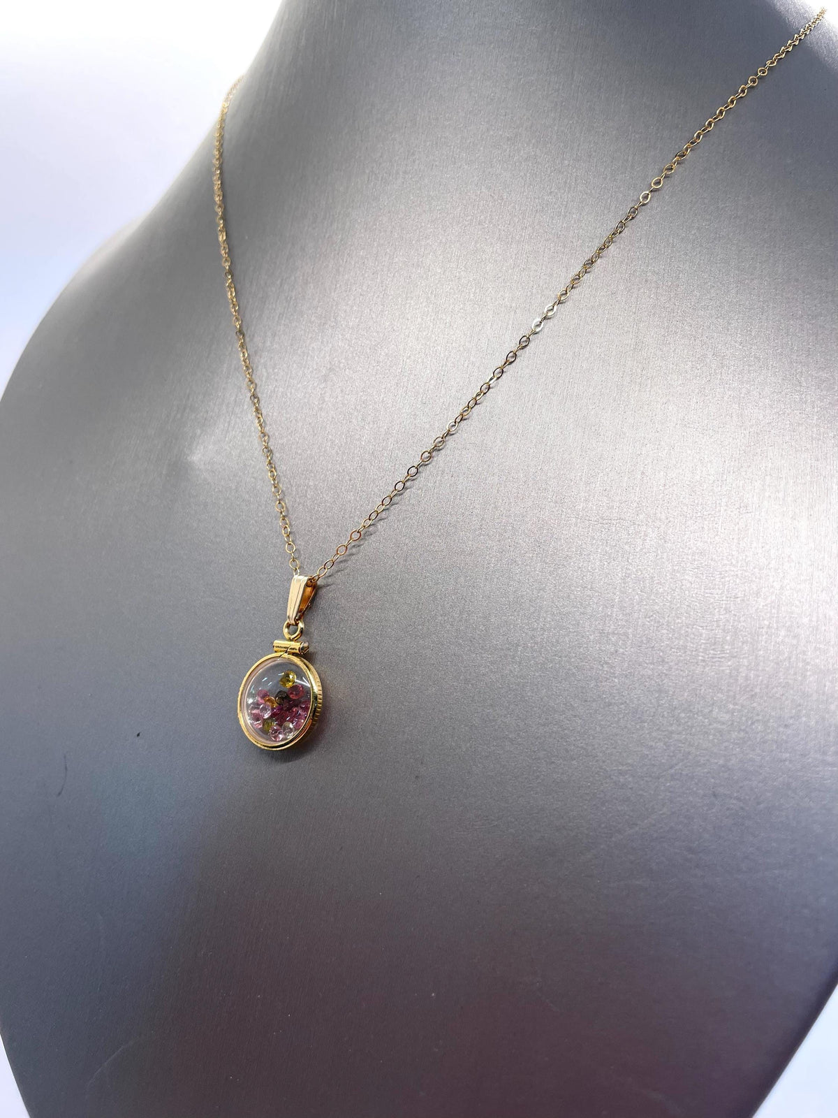 12.5 mm handmade 14k solid gold shaker locket with multi-colored tourmaline gemstones, free screwdriver