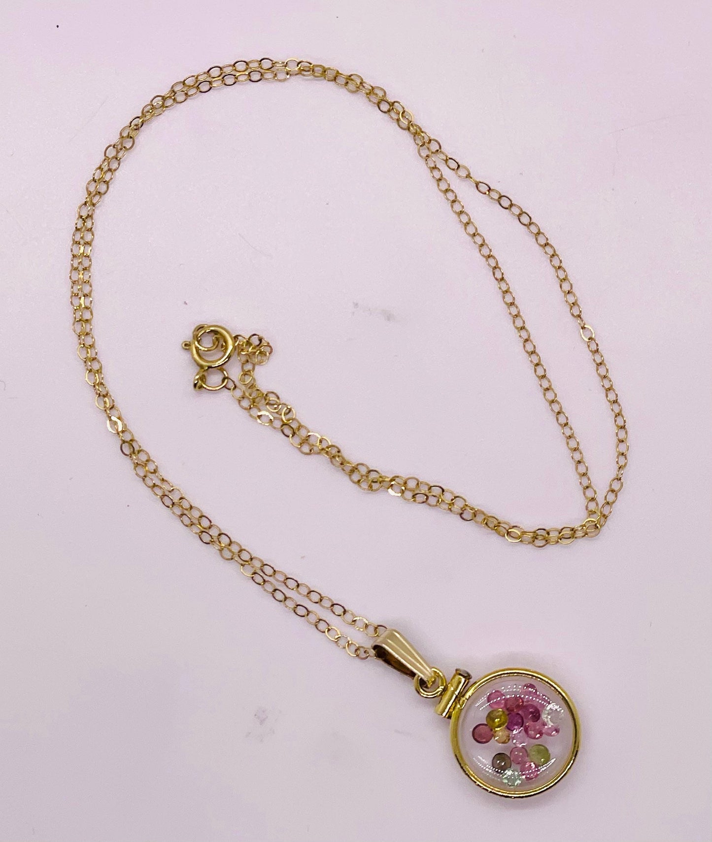 12.5 mm handmade 14k solid gold shaker locket with multi-colored tourmaline gemstones, free screwdriver