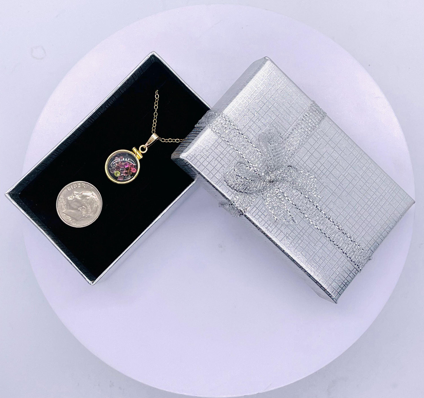 12.5 mm handmade 14k solid gold shaker locket with multi-colored tourmaline gemstones, free screwdriver