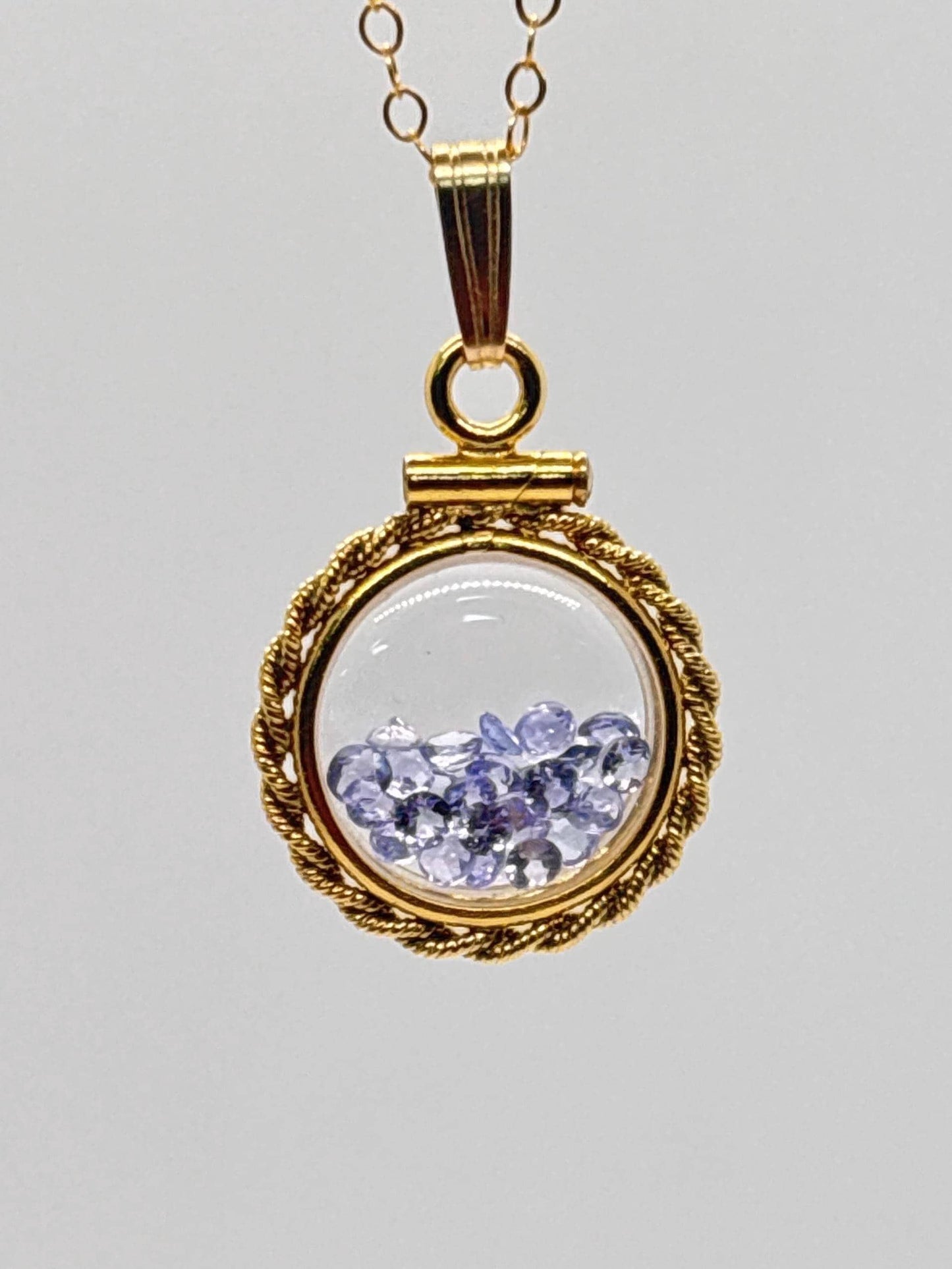 Handmade 12.5 mm 14k gold filled gemstone  shaker locket with twisted rope edge bezel, 0.75 cttw. tanzenite, birthstone december